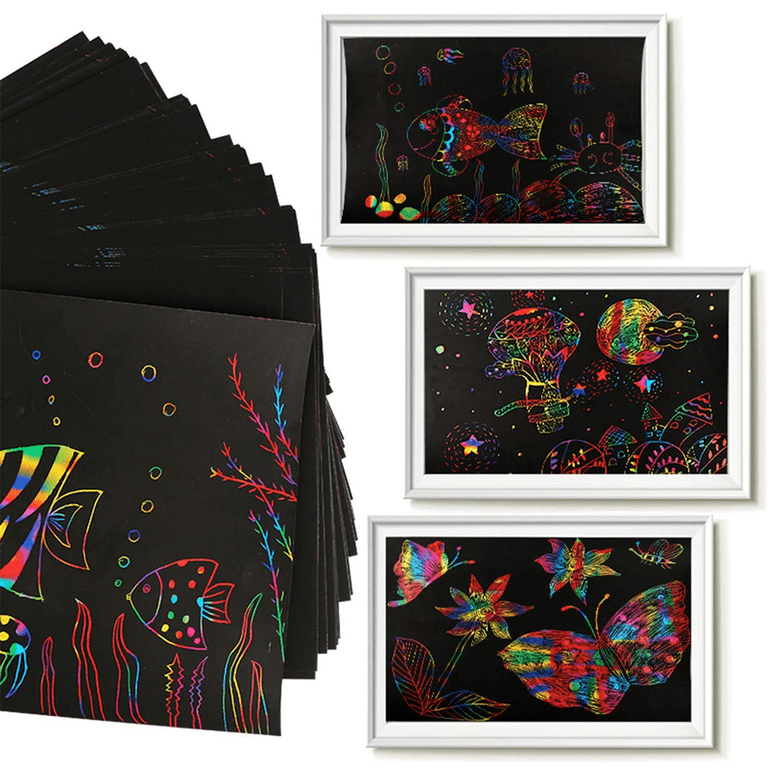 Starthi 60Pcs Scratch Art Paper for Kids - Rainbow Magic Scratch Off Paper  Art and Craft Kit Scratch Note Black Doodle Pads with 4 Stencils 5 Wooden  Stylus for Party Favor Game