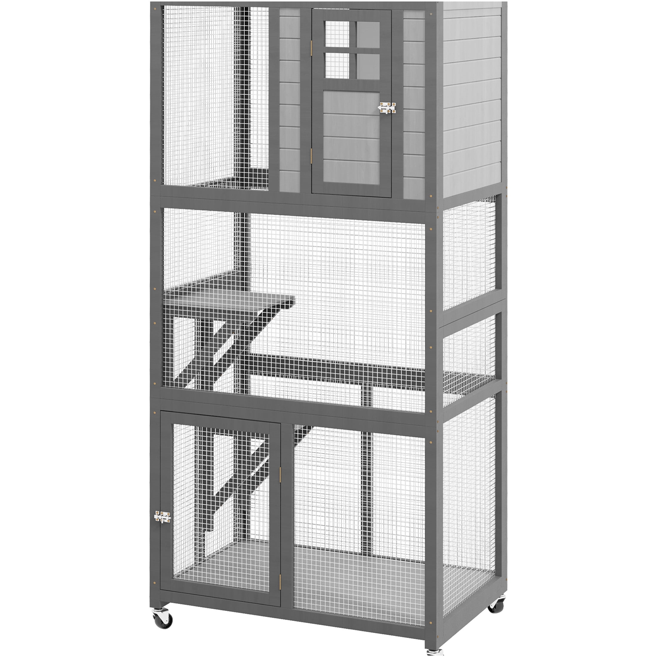 JERFIT 74" Outdoor Wooden Cat House Enclosure with Wheels, Weatherproof Large Catio Cage Condo for Indoor Outside Use, Light Gray