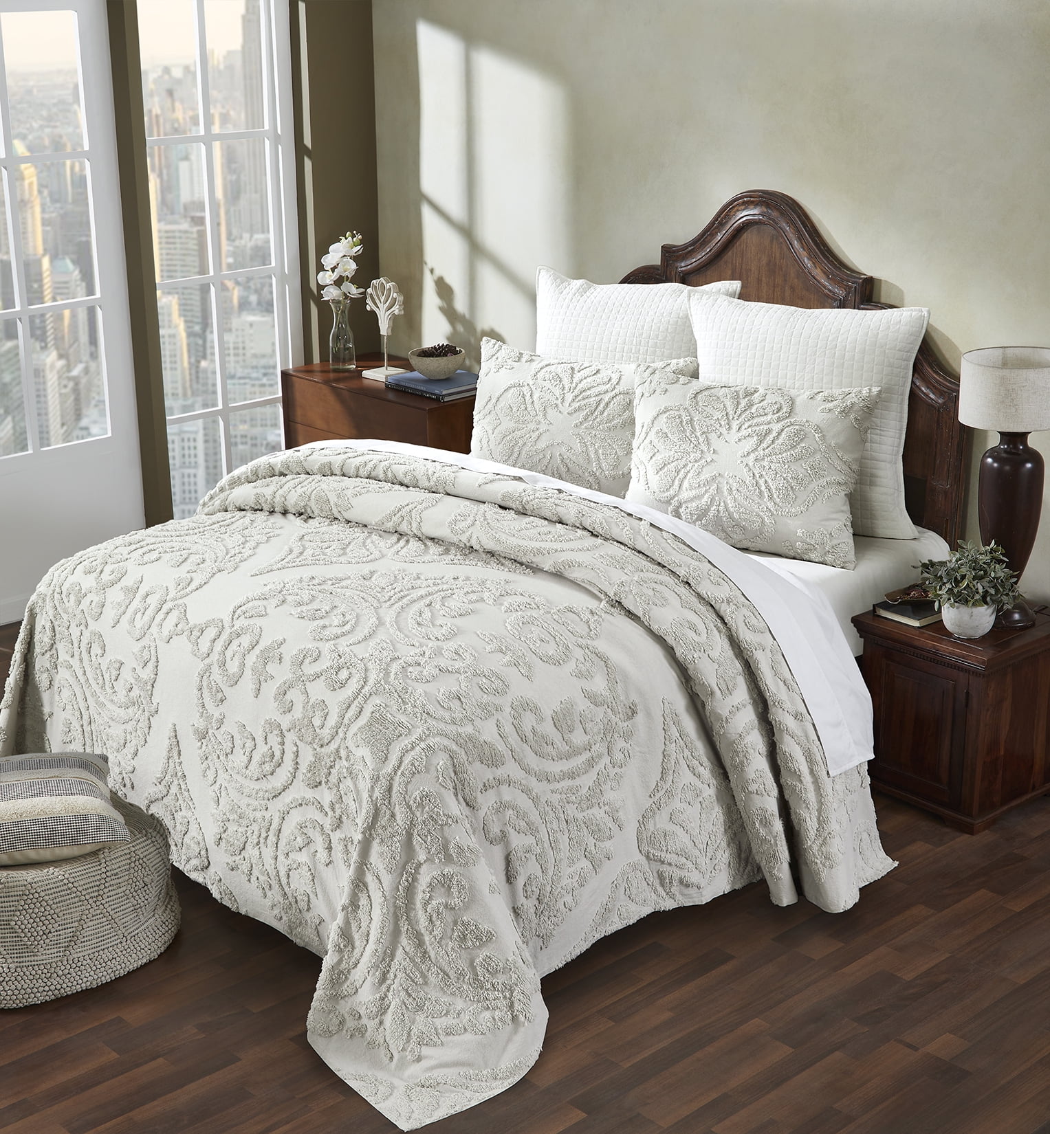 Better Trends 2 Piece Twin Bedspread Set 100% Cotton Tufted Floral Vineyard Pattern Soft & Luxurious Feel, Machine Washable (Ivory) Rylee Collection