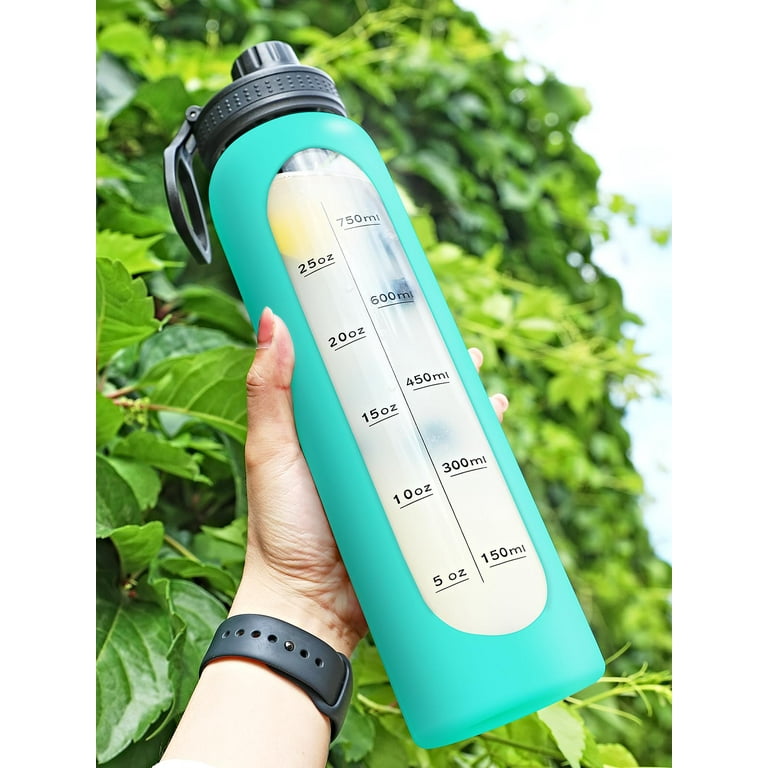 20oz Water Bottles with Water Jug Lid Handle Reusable Fitness Sports Bottle  Odor Proof and Stain Resistant, Protective Sleeved Glass Bottle, Blue