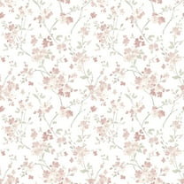 3122-10908 Glinda Rose Floral Trail Wallpaper with Hand Painted Flowers in Rose Pink Beige White Colors Farmhouse Style Prepasted Acrylic Coated Paper