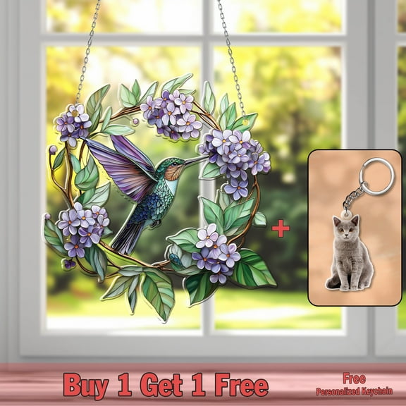 Hummingbird Floral Wreath Acrylic Suncatcher – Elegant Hanging Ornament, Nature-Inspired Window Decor & Unique Gift for Bird & Garden Lovers
