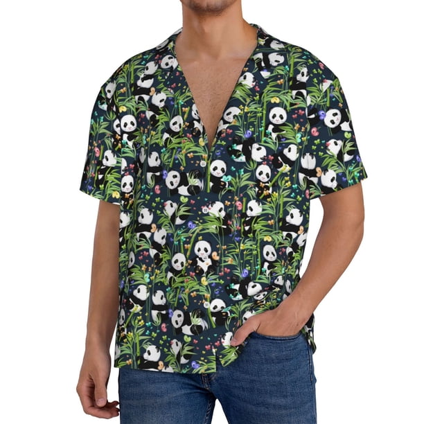 Fotbe Fun Panda Playing With Bamboo Leaves Camisa Estampada de Manga Corta para Hombre, Casual de Verano, Estilo Playero, Sin Arrugas-X-Large