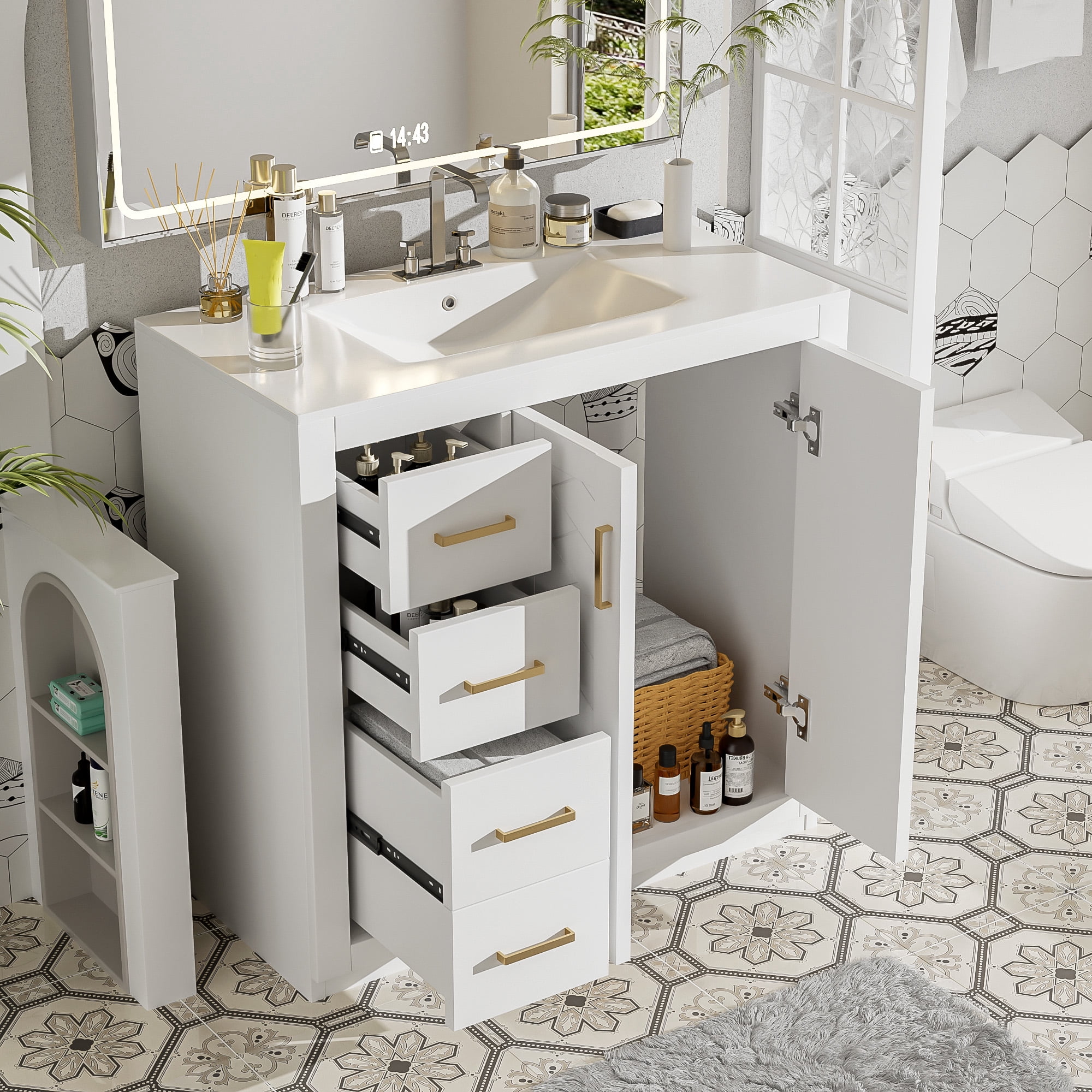 Euroco Bathroom Vanity with Ceramic Undermount Sink, Solid Wood Frame, 3 Drawers & Cabinet Storage, Soft-Close Doors