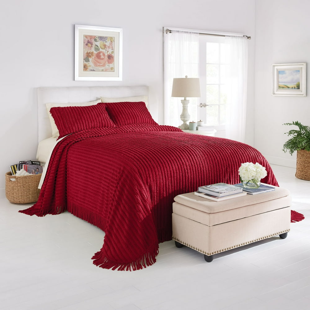 BrylaneHome Chenille Bedspread King, Burgundy Red