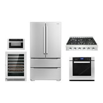 5 Piece Kitchen Package With 36" Slide-In Gas Cooktop 24" 48 Bottle Single Zone Freestanding Wine Refrigerator 30" Single Electric Wall Oven 24" Built-In Microwave Drawer & French Door Refrigerator