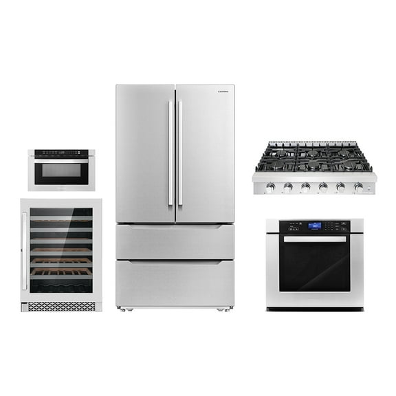 5 Piece Kitchen Package With 36" Slide-In Gas Cooktop 24" 48 Bottle Single Zone Freestanding Wine Refrigerator 30" Single Electric Wall Oven 24" Built-In Microwave Drawer & French Door Refrigerator
