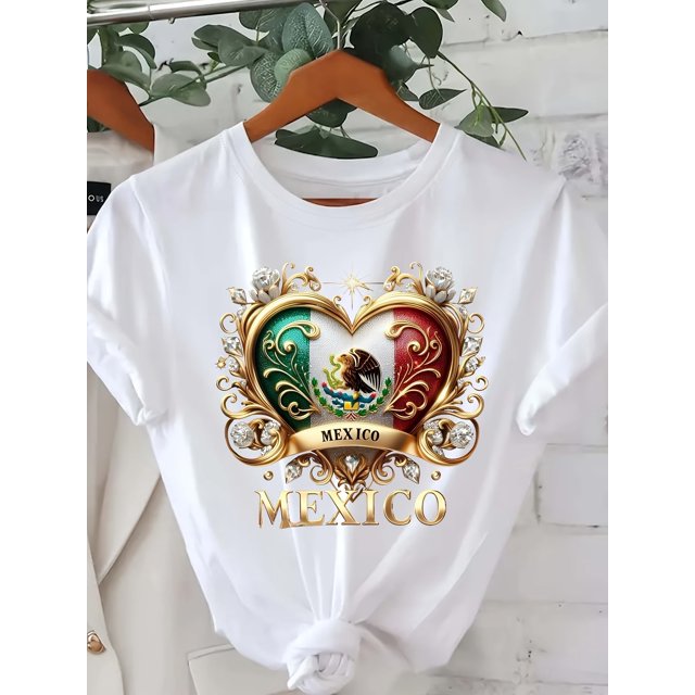 Women'S Casual Mexico Graphic Print T-Shirt, Short Sleeve Crew Neck Top, Heart Pattern, Regular Length, All Seasons, 200gsm Knit Fabric