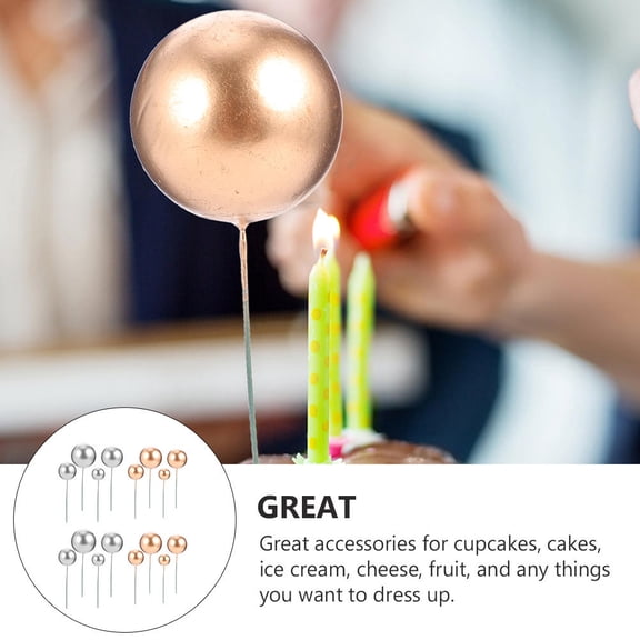 FONDOTIN 40Pcs Plated Silver Round Cake Toppers Decorative Ball Shape Ornaments for Birthday Party