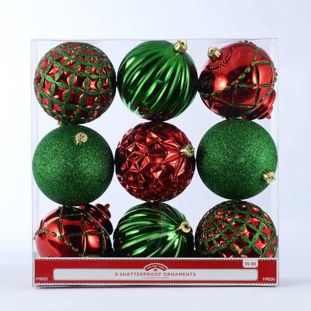 holiday time shatterproof ornaments red green 9 count