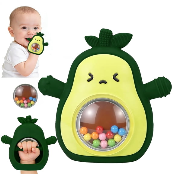 Baby Teething Toys Avocado, Silicone Rattle Teething Toys Baby Teether Sensory Toys for Grasping Chewing Sucking Hearing