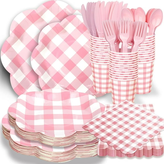 AUR 192 Pcs Pink Gingham Paper Plates And Napkins Set Party Supplies - For 24 Guests Paper Plates And Napkins Knives Spoons Forks Cups - For Baby Shower Bridal Shower Wedding