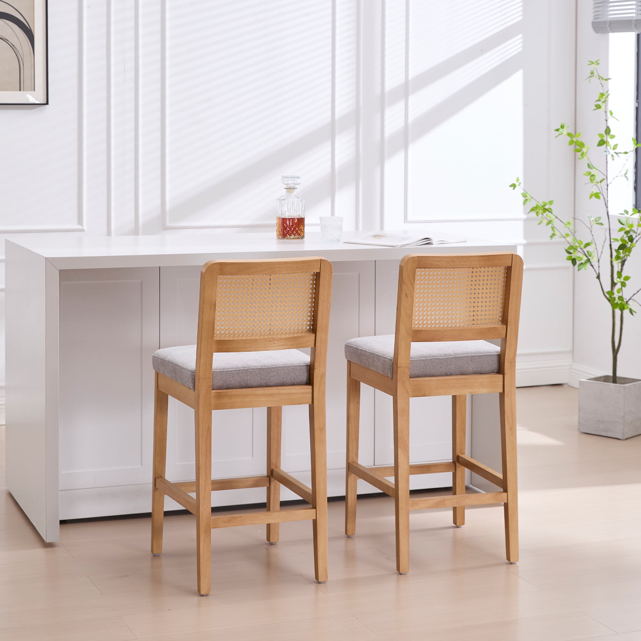 Guyou Counter Height Bar Stools Set of 2, 26" Farmhouse Wooden Rattan Bar Stools, Modern Chenille Upholstered Breakfast Barstools, Boho Wicker Woven Kitchen Island Chairs for Bar Bistro, Grey