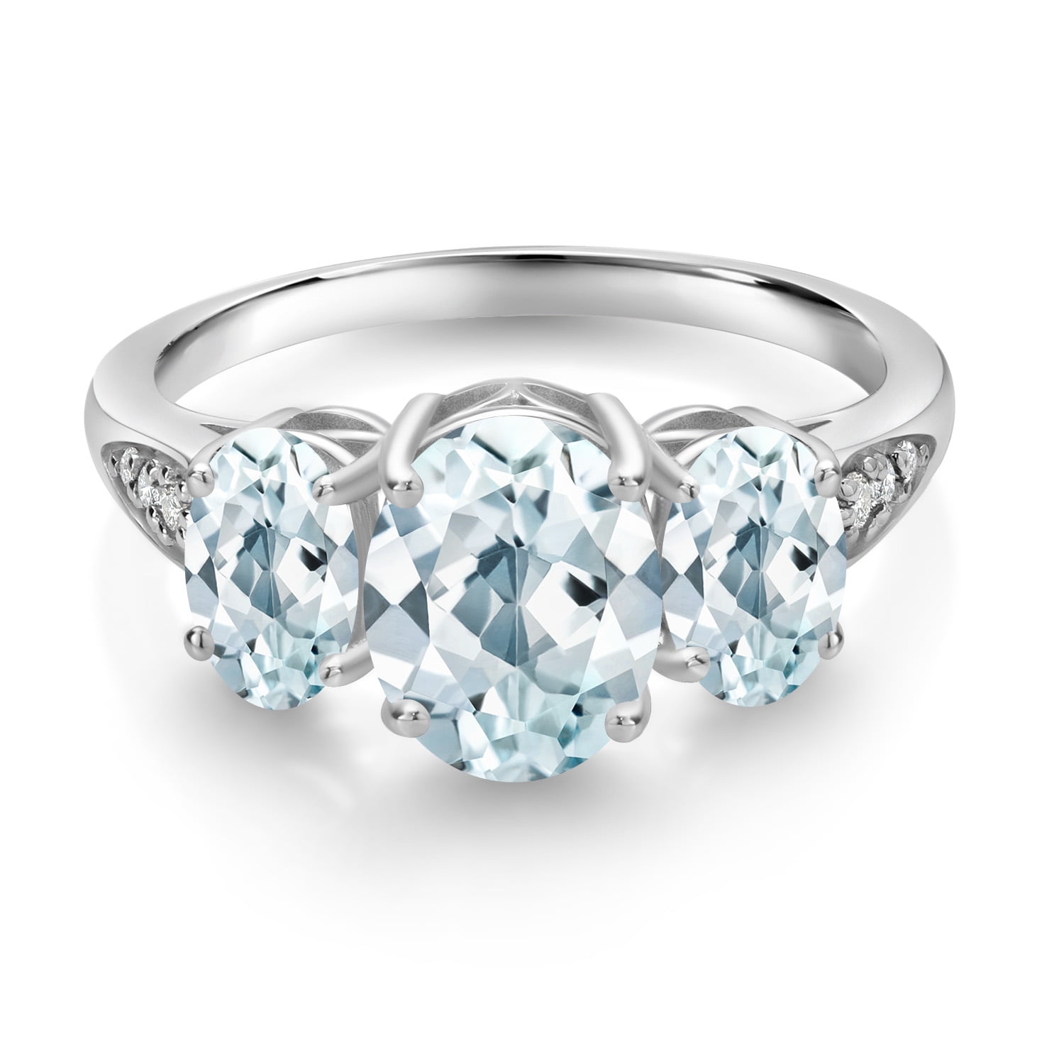 Gem Stone King 10K White Gold Sky Blue Aquamarine and White Lab Grown Diamond 3 Stone Engagement Ring for Women (2.24 Cttw, Gemstone Birthstone, Available in Size 5, 6, 7, 8, 9)