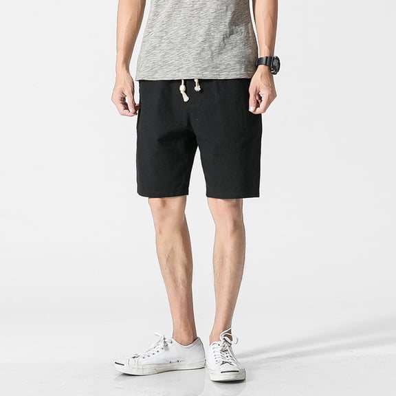 Yaoyar Men's Cotton Linen Five Point Beach Shorts Breathable Soft Lightweight Drawstring Casual Summer Bottoms