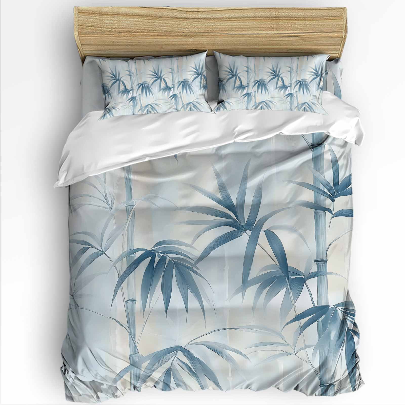 Bamboos Leaf Queen Duvet Cover Set, Blue Leaves Watercolor Modernism 4 Piece Microfiber Bedding Set with Zipper Closure, Bed Sheet and 2 Pillow Shams, Soft Bedding Cover