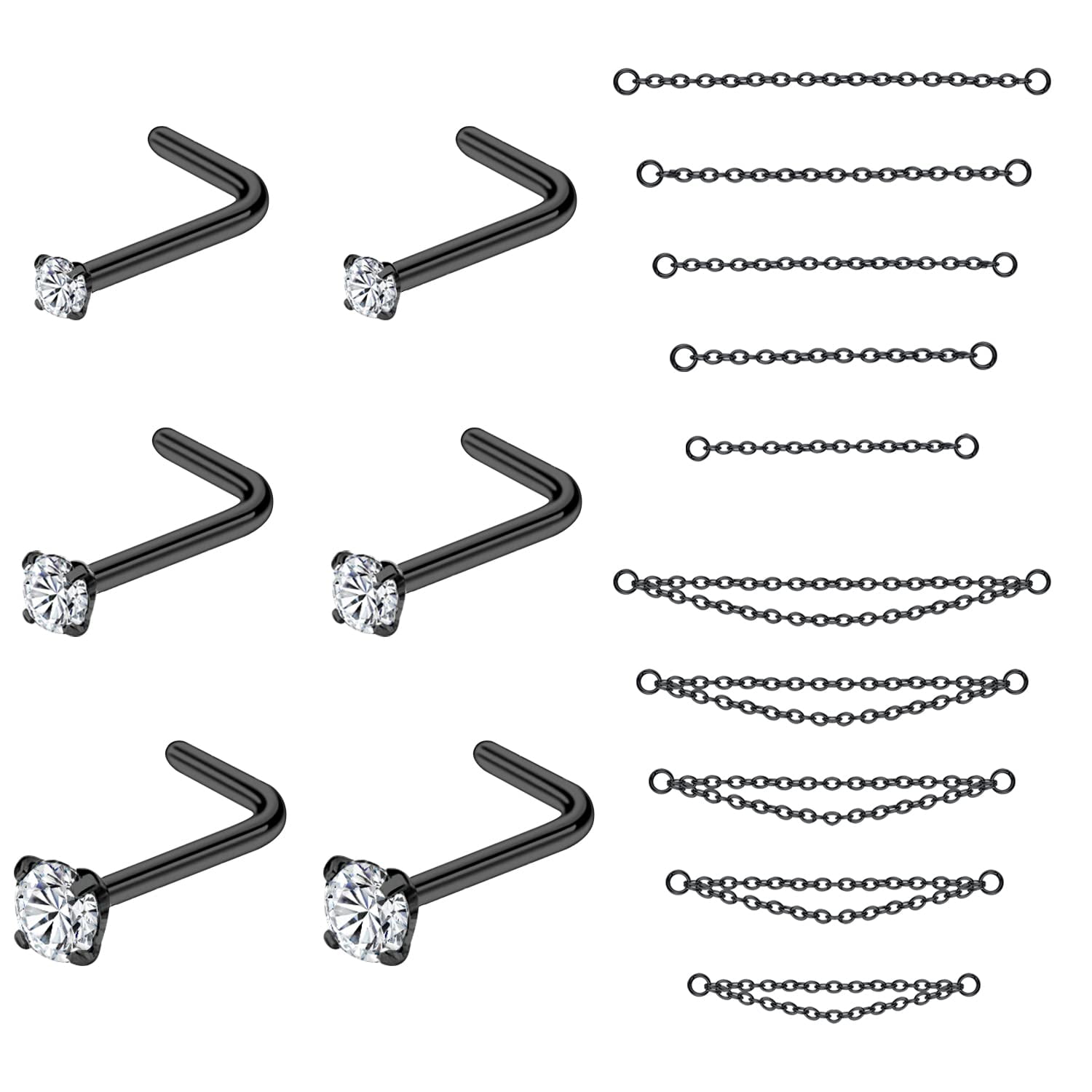 ZS 16Pcs/Set Nose Chain Piercing Across Nose Stud Claw Cubic Zirconia Nose Bone/L Shaped