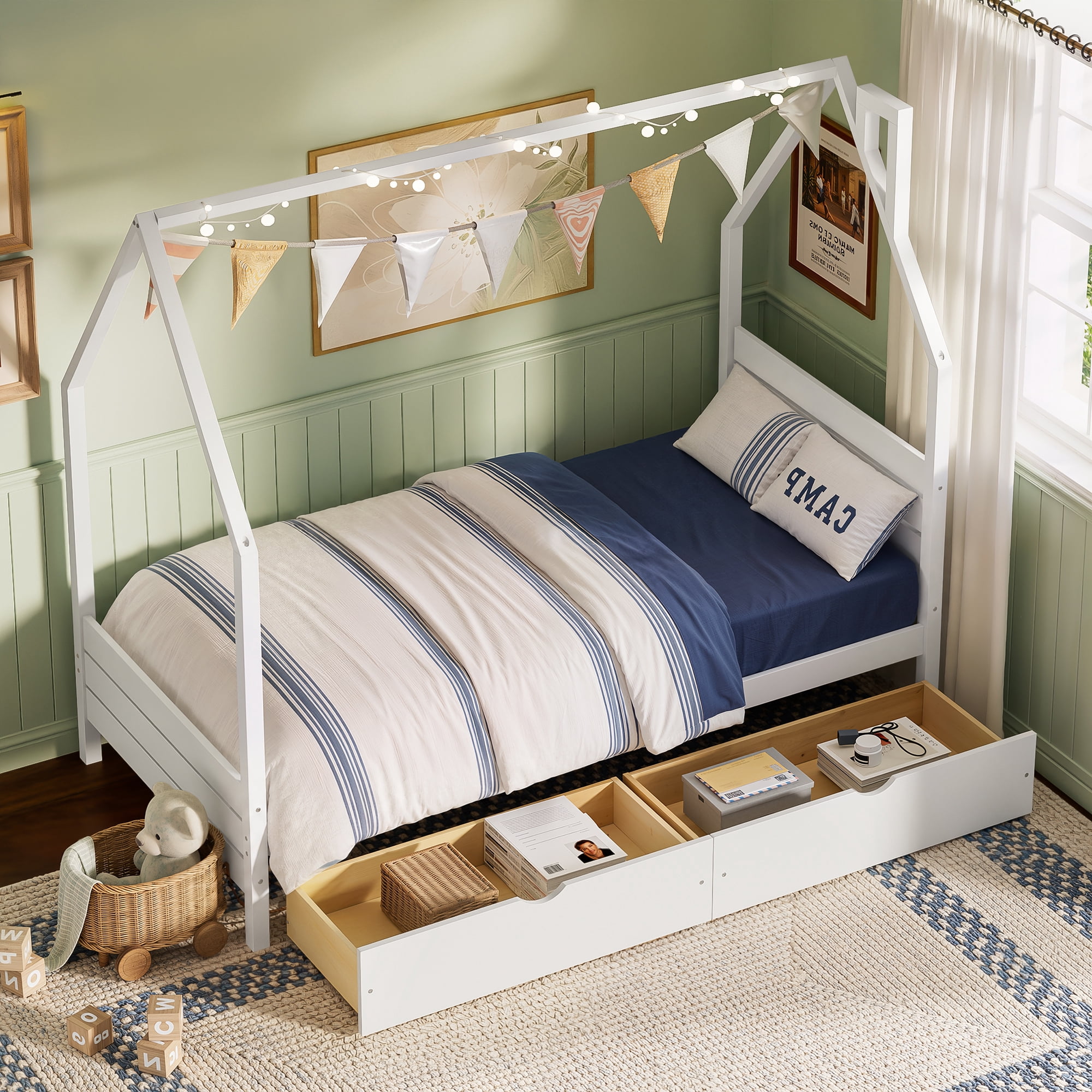 Euroco Wood Twin Size Platform Bed with Drawers, Montessori House Bed, White