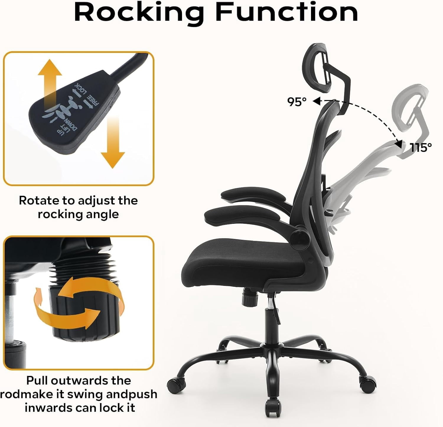 Ergonomic Office Chair, Computer Desk Chair Comfy with Flip-Up Armrests, High Back Mesh Desk Chair with Wheels,Comfortable Armchair for Home Office, Bedroom, Study,Black