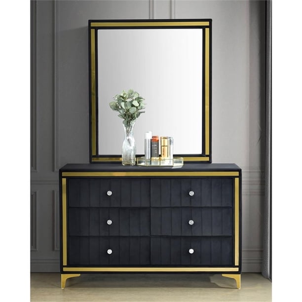 black velvet dresser Elegant 4Pc Queen Set: Bed, Dresser, Mirror, Nightstand - Black Velvet,  Modern, Crystal Tufted