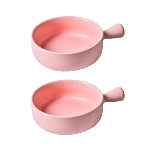 2 Pcs Round Ceramics Baking Plate Practical Household Baking Tray Fruit Salad Plate with Handle for Home Kitchen Bakery (Pink)