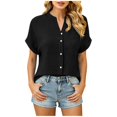 thumbnail image 2 of Sheghy Women Tops Cotton Solid Crew Neck Shirt, Button Front Short Sleeve Top with Side Pockets Blouse, 2 of 7