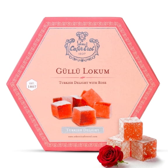 Sekerci Cafer Erol Authentic Rose Turkish Delight (Rahat Al-Hulqum), 14.1 oz (400g) - Gourmet Lokum with Delicate Rose Flavor, Luxury Confectionery from Istanbul
