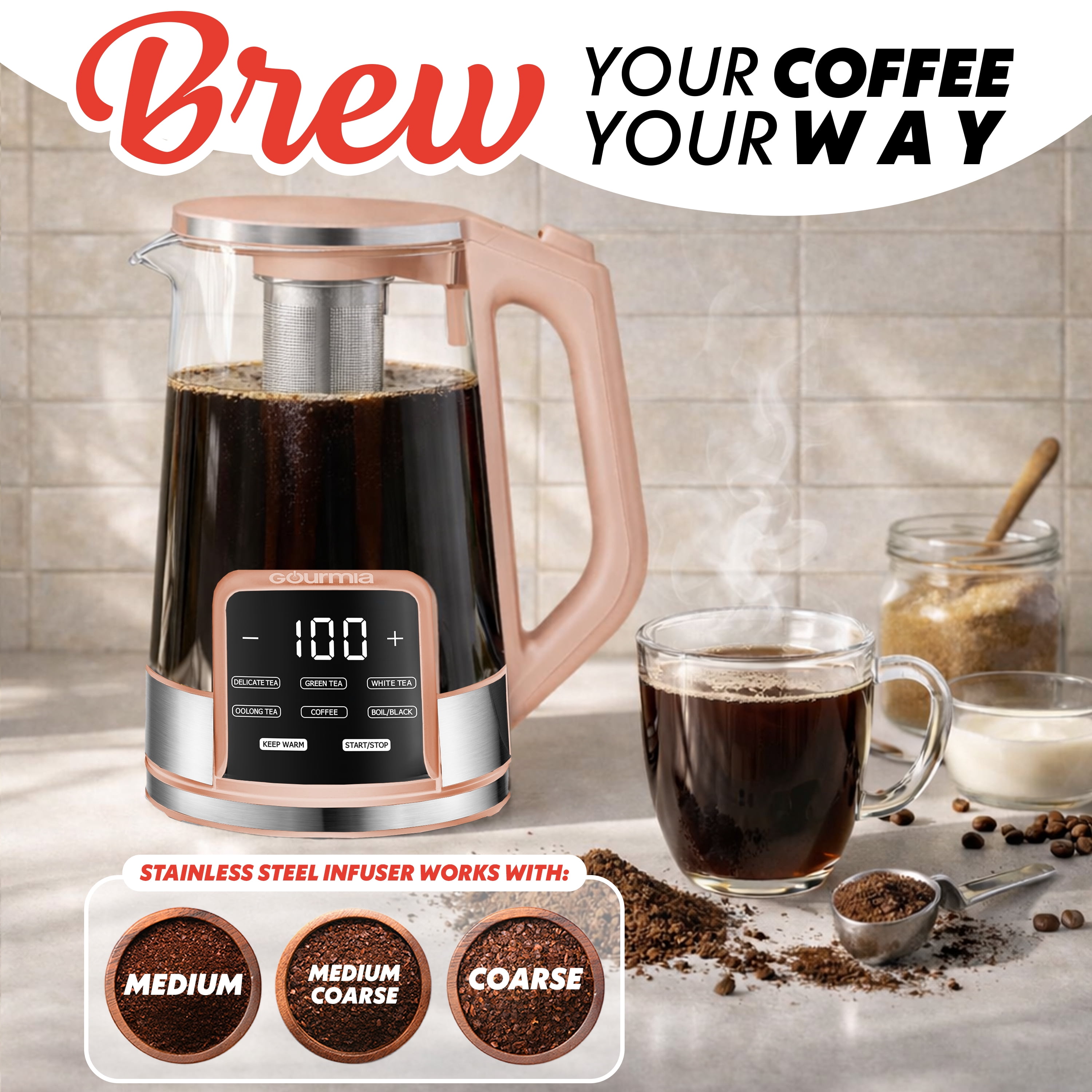 Gourmia Electric Kettle 1.7L with 6 Presets, Digital Display, and Tea Infuser, Peach
