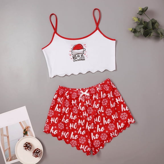 LILIYA Women 2 Piece Halloween Pajama Set Cute Print Round Neck Spaghetti Strap Ruffle Crop Top Shorts Loungewear Sleepwear