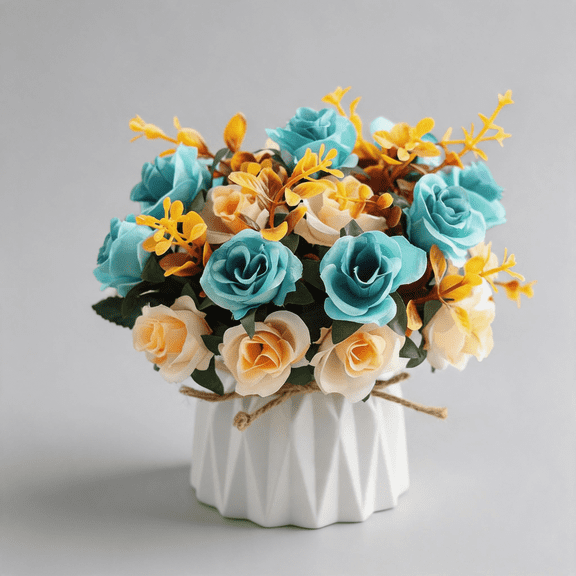 Small Vase with Flowers Artificial Champagne and Blue Roses Faux Flower Arrangements with Vase for Table Decor (9" x 9")
