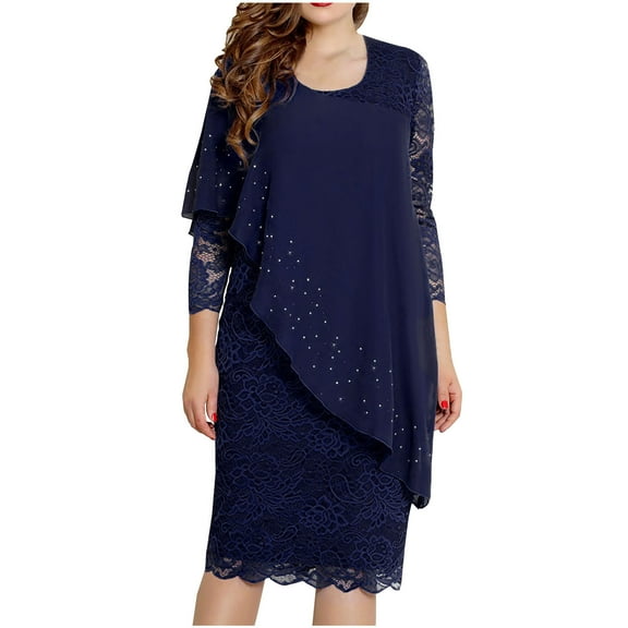 fartey Chiffon Midi Dresses for Women Layered Lace Hem 3/4 Sleeve Dress Vintage Floral Crewneck Party Sundress Asymmetrical Elegant Evening Dresses