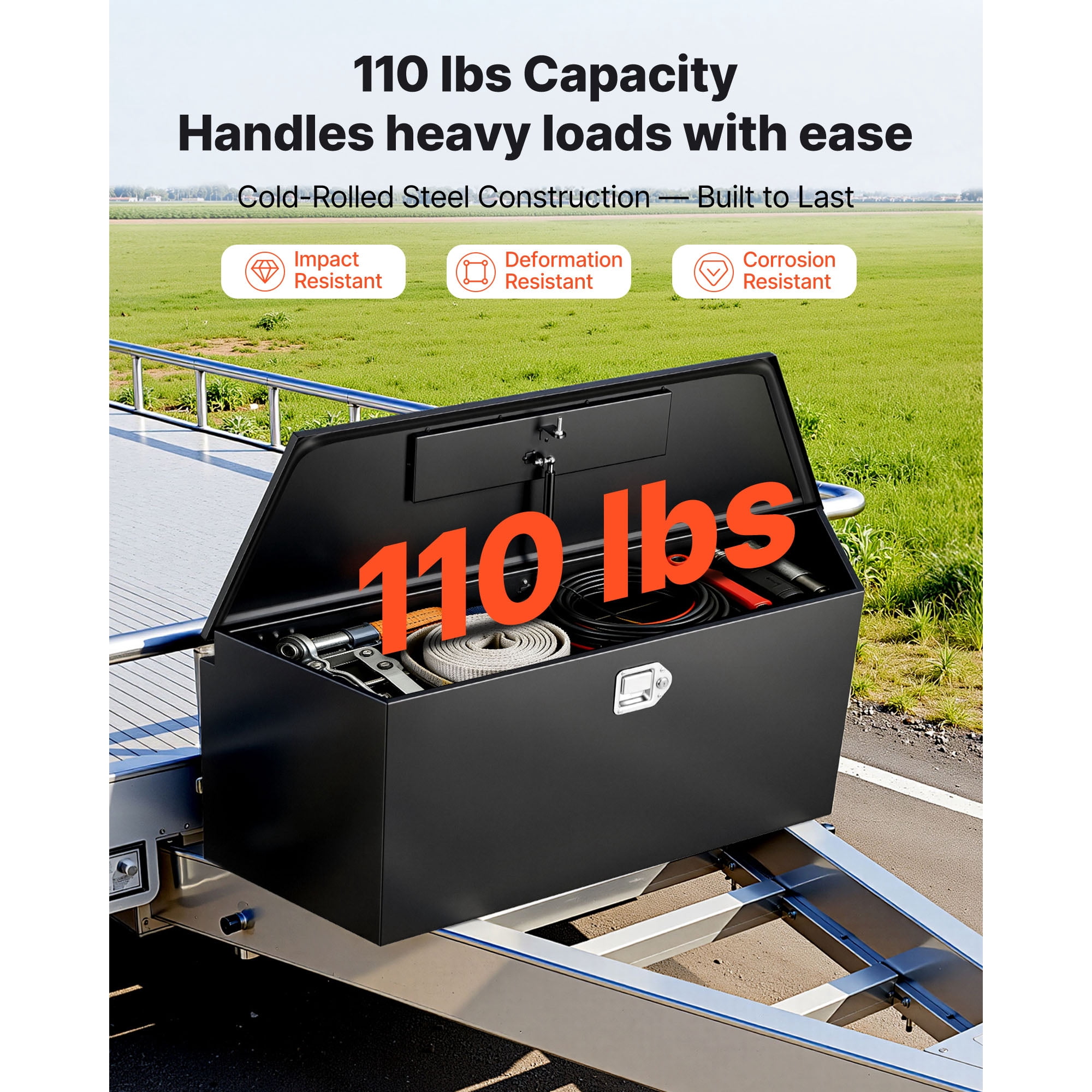 KFFKFF Steel Trailer Tongue Tool Box, 49" x 13.9" x 18.5" Storage Organizer with Lock and Keys, Durable Utility Chest for Truck Beds, RVs, SUVs, and Off-Road Vehicles, Black