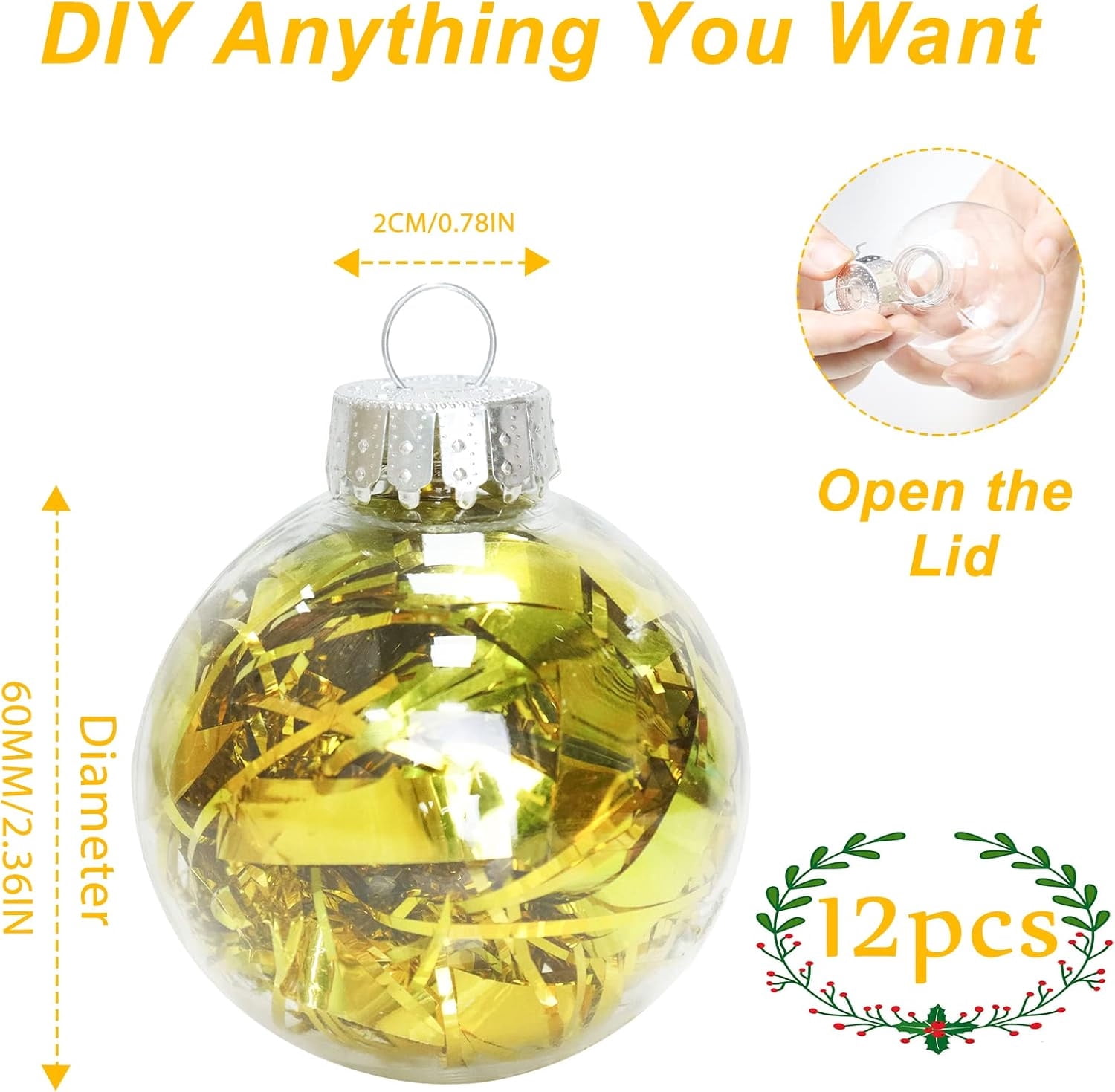 Fillable Ornament Balls,Clear Christmas Decoration Ball,12 Pcs 2.36 in Plastic Ornaments Balls,Sphere Christmas Decor Balls for Xmas Tree Wedding Birthday Home Decor,Christmas Gift