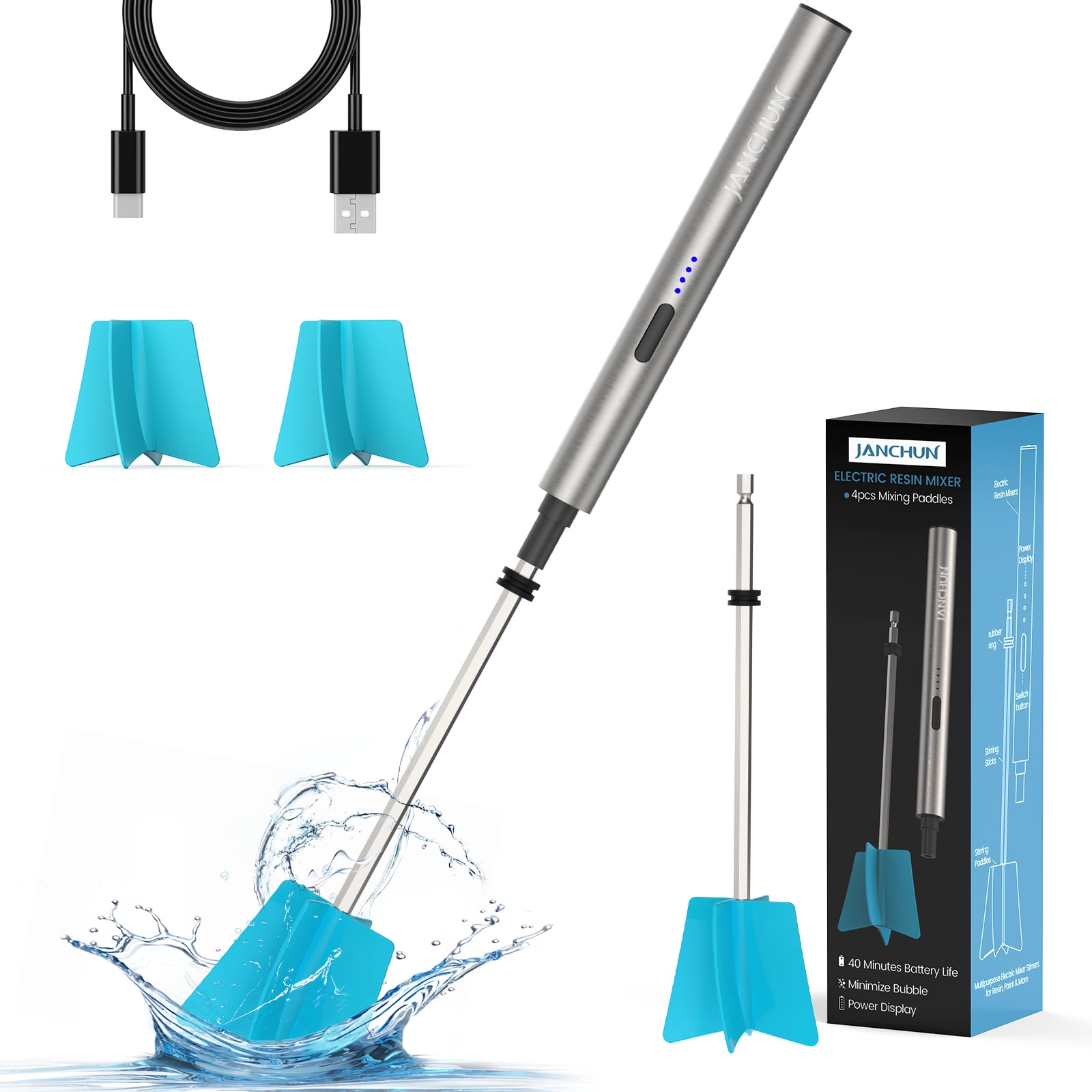 JANCHUN Lightweight Resin Stirrer Handheld Battery Powered Electric Epoxy Resin Stirrer, Resin Stirrer, Powerful Resin Stirrer, DIY Resin Casting Supplies (Includes 4 Stirring Sticks), Paint