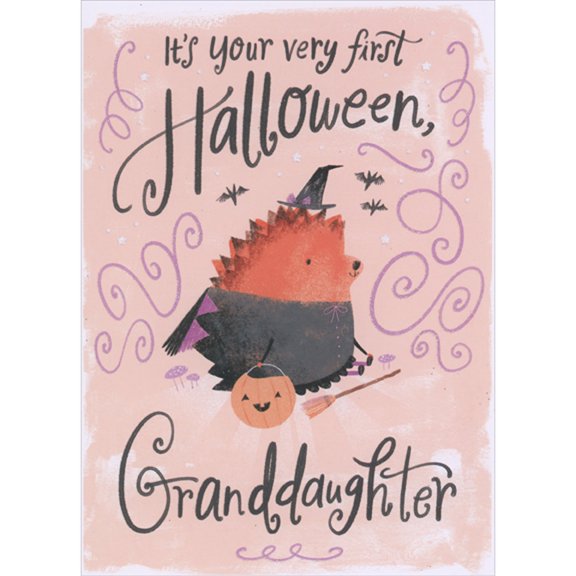 Designer Greetings Cute Animal Wearing Witch Costume with Cape 1st / First Halloween Card for Granddaughter