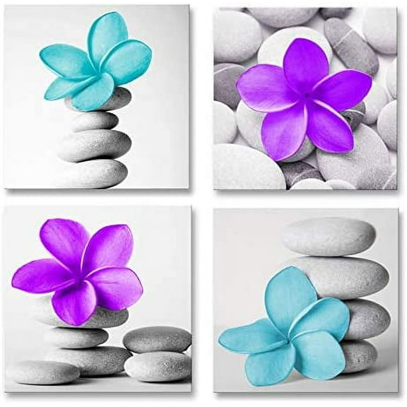 -Modern Wall Art Pictures Flowers and Pebble Stone Zen Canvas Art Teal Purple Grey Decor(Teal Purple)