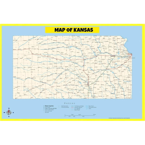 Kansas Map Poster - Laminated Wall Map - Style B - 18x24 - Ideal for Classrooms and Homes – Features Bright Colors and Vivid Imagery