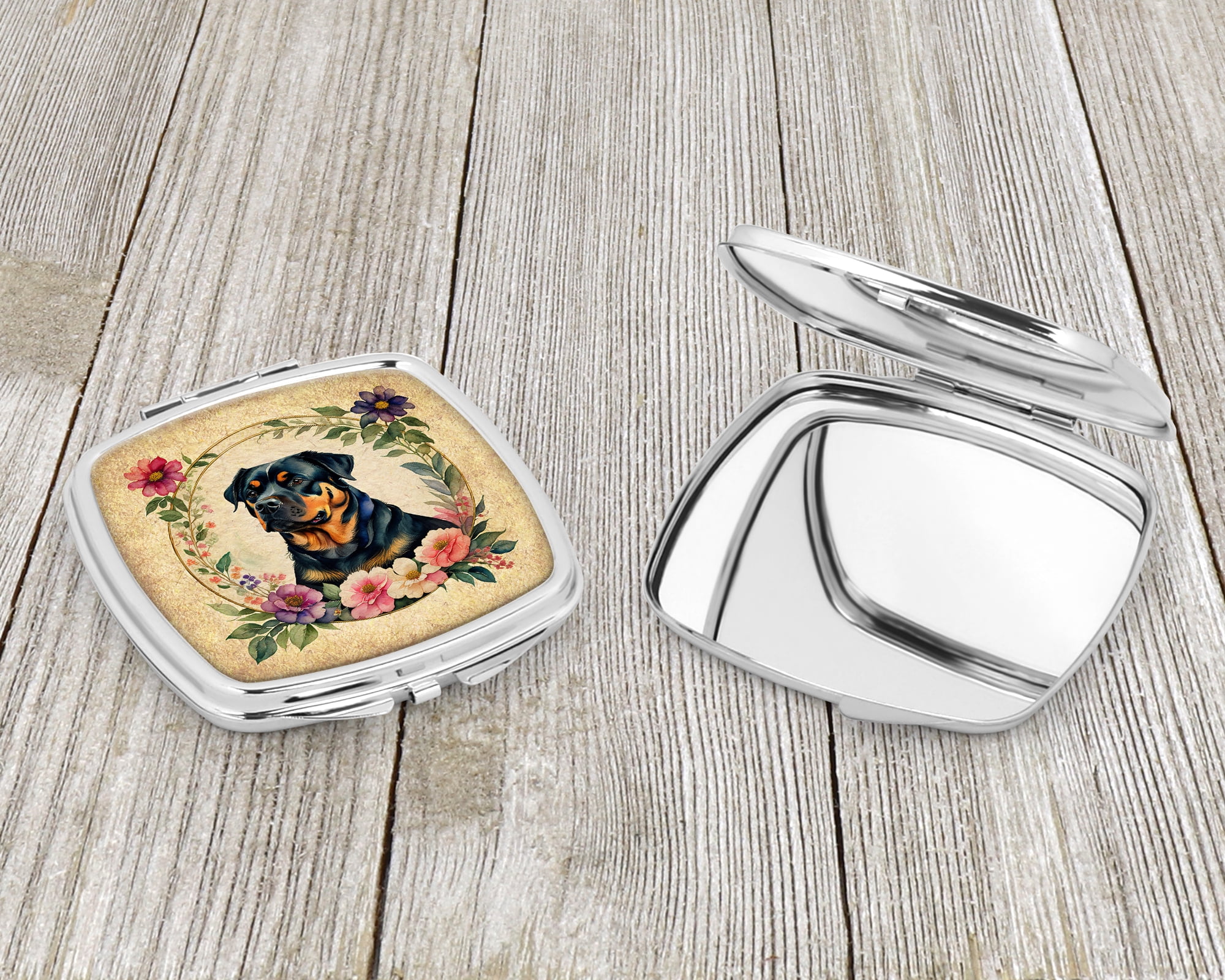 Rottweiler and Flowers Compact Mirror 2.75 in x 3 in