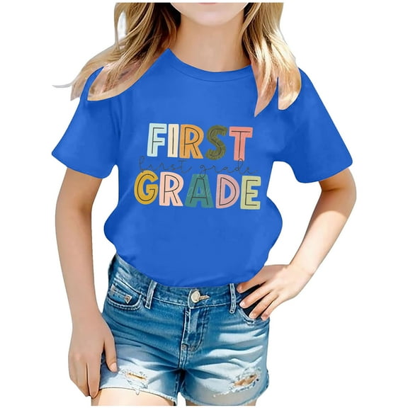 Tao Tao Toddler Boys Girls Summer Start Of School Season Shirt New First Day of Kindergarten T-Shirt Summer Crew Neck Short Sleeve Letter Prints Tops For Kids Blue 4 Years