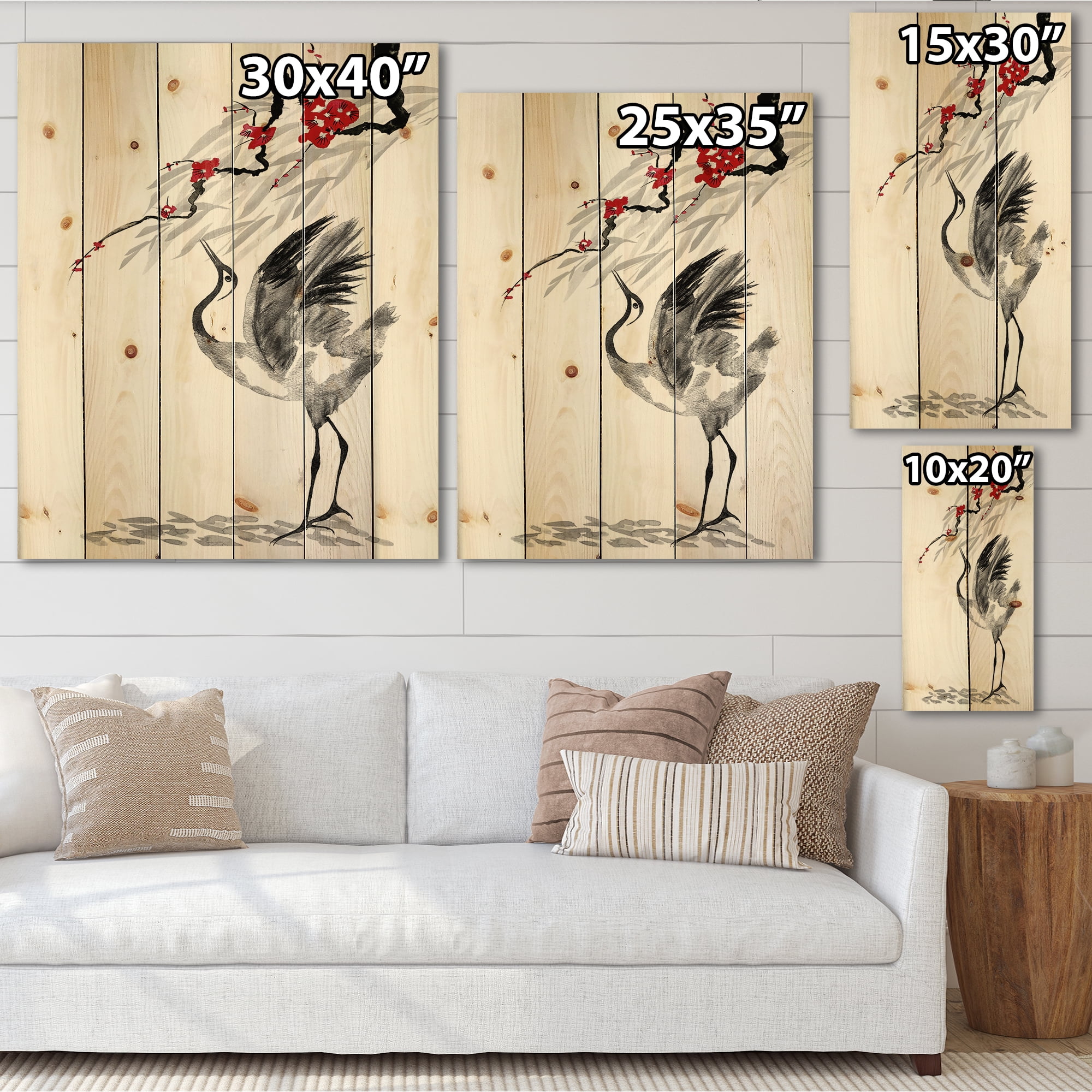 Designart 'Red Flowers With Japanese Cranes Bird Drawing' Traditional Print on Natural Pine Wood