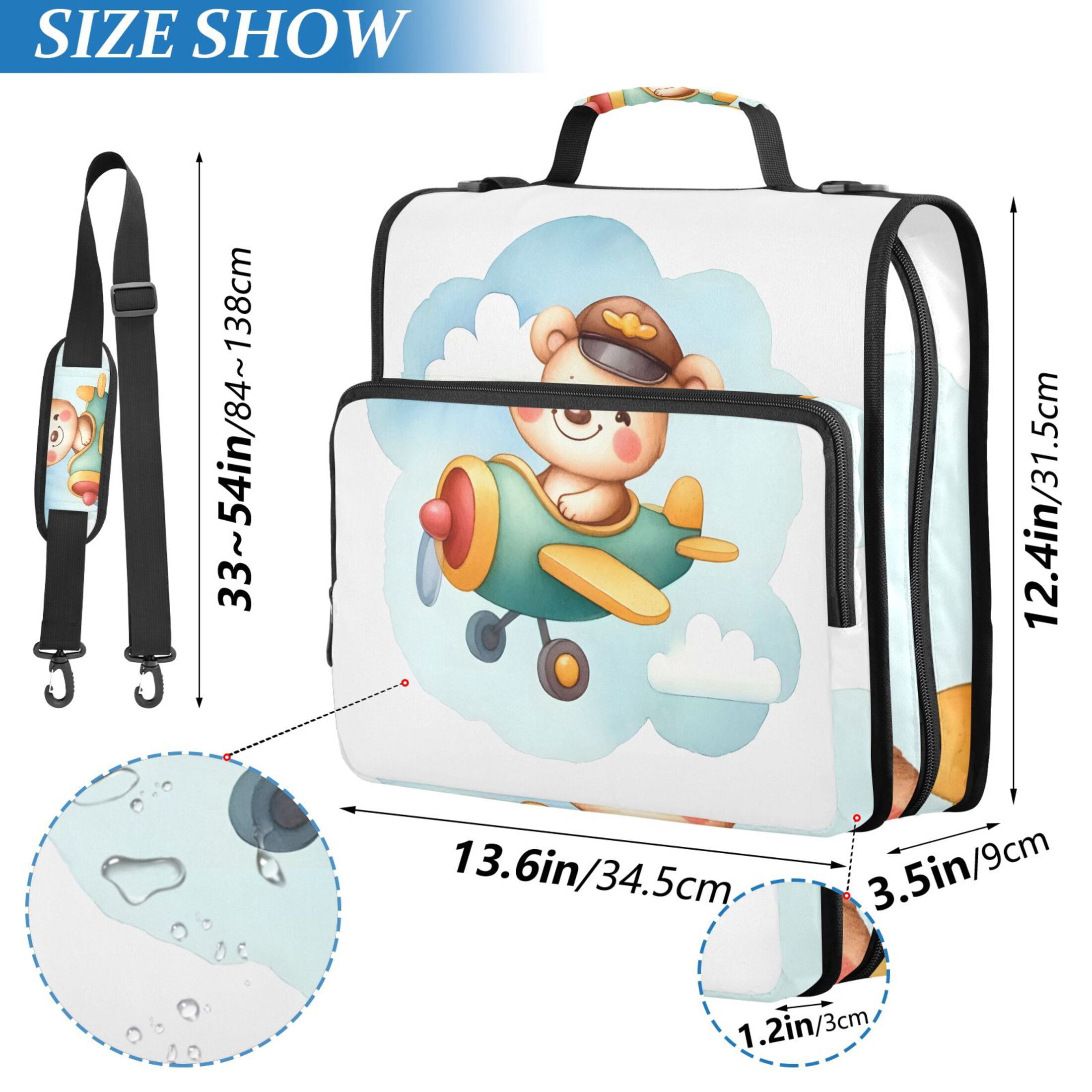 3 Ring Zipper Binder with Shoulder Strap Waterproof Trapper Keeper 2 Inch D-Ring 500 Sheets Capacity Cute Bear in Airplane