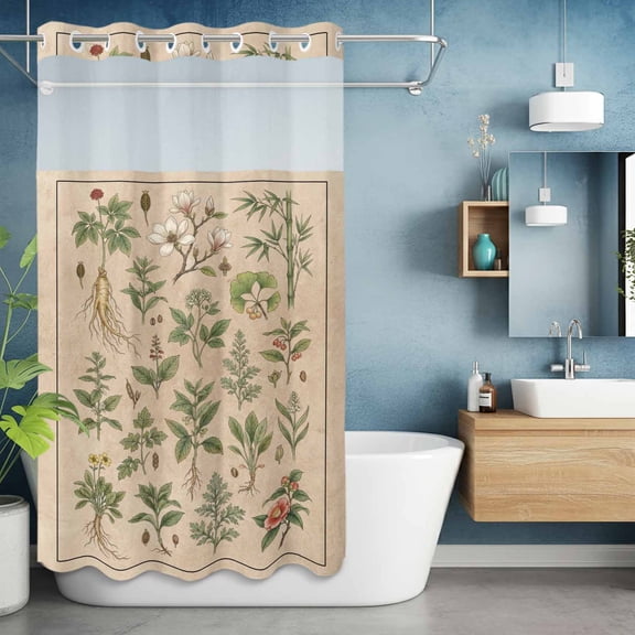 No Hook Shower Curtain with Snap in Liner, Country Green Botanical Waterproof Bath Curtain Double Layers with See Through Top Window, Retro Wildflower Herbs Hotel Shower Curtains 36x72in