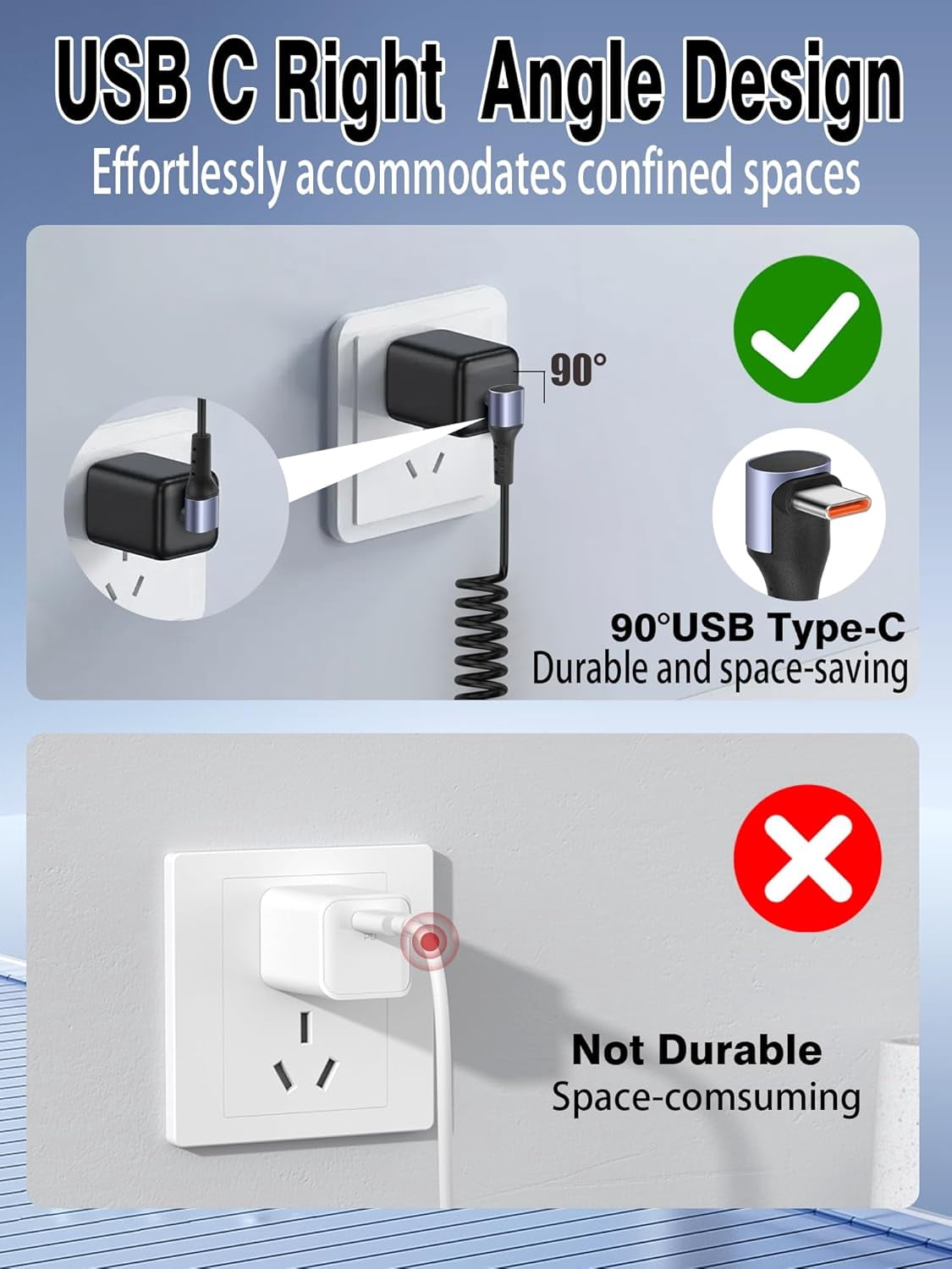 HRTGFD-66W 90 Degree USB C Retractable Spring Splitter Cable with Micro-USB+Type C Connector for Phone,PC,Android,Coiled Multi USB Charging Cable,6A Fast Charging Cord (2 Type C+Mirco USB)