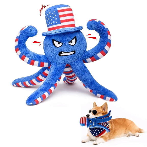 Pet Deluxe Dog Squeaky Toy USA 250th Independence Day Plush Dog Toys to Keep Them Busy,Interactive Squeaky Tug of War Doggie Toy, Crinkle Blue Octopus for Small Medium Dogs