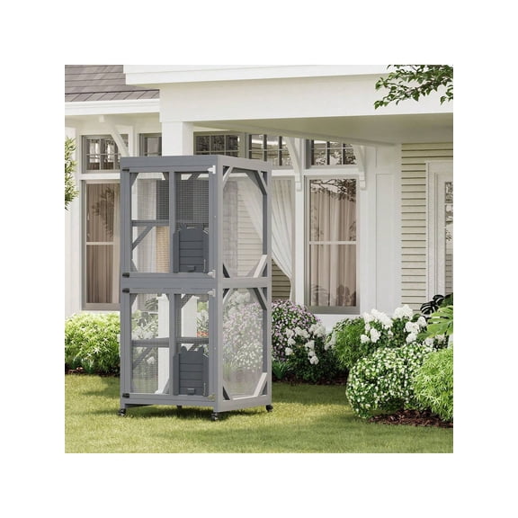 Outdoor Cat Enclosure On Wheels,Kitty House With Upgraded Resting Box Cat House Outdoor Catio Cat Enclosures 68'' Window Catio Kitty House With Weatherproof Roof, 4 Platforms, Resting Box And Scratch