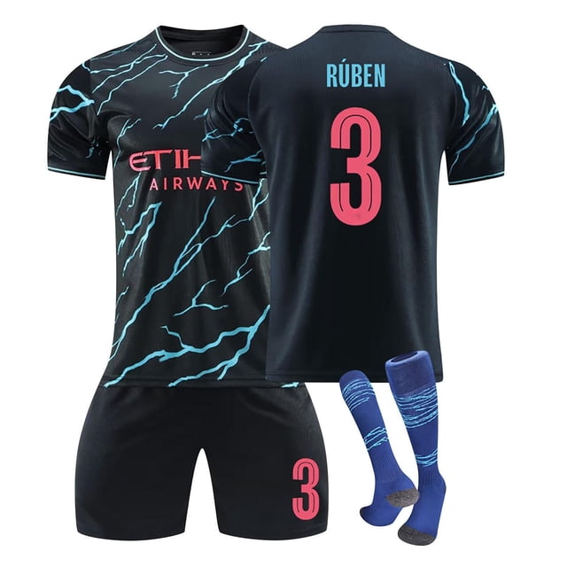GZSL 2324 Lightning Blue Pattern Soccer Jersey - Short Sleeve, #3 RUBEN UK Second Away Jersey for Summer Essentials, Adult 3-Piece Set for a New Visual Experience, #3/S