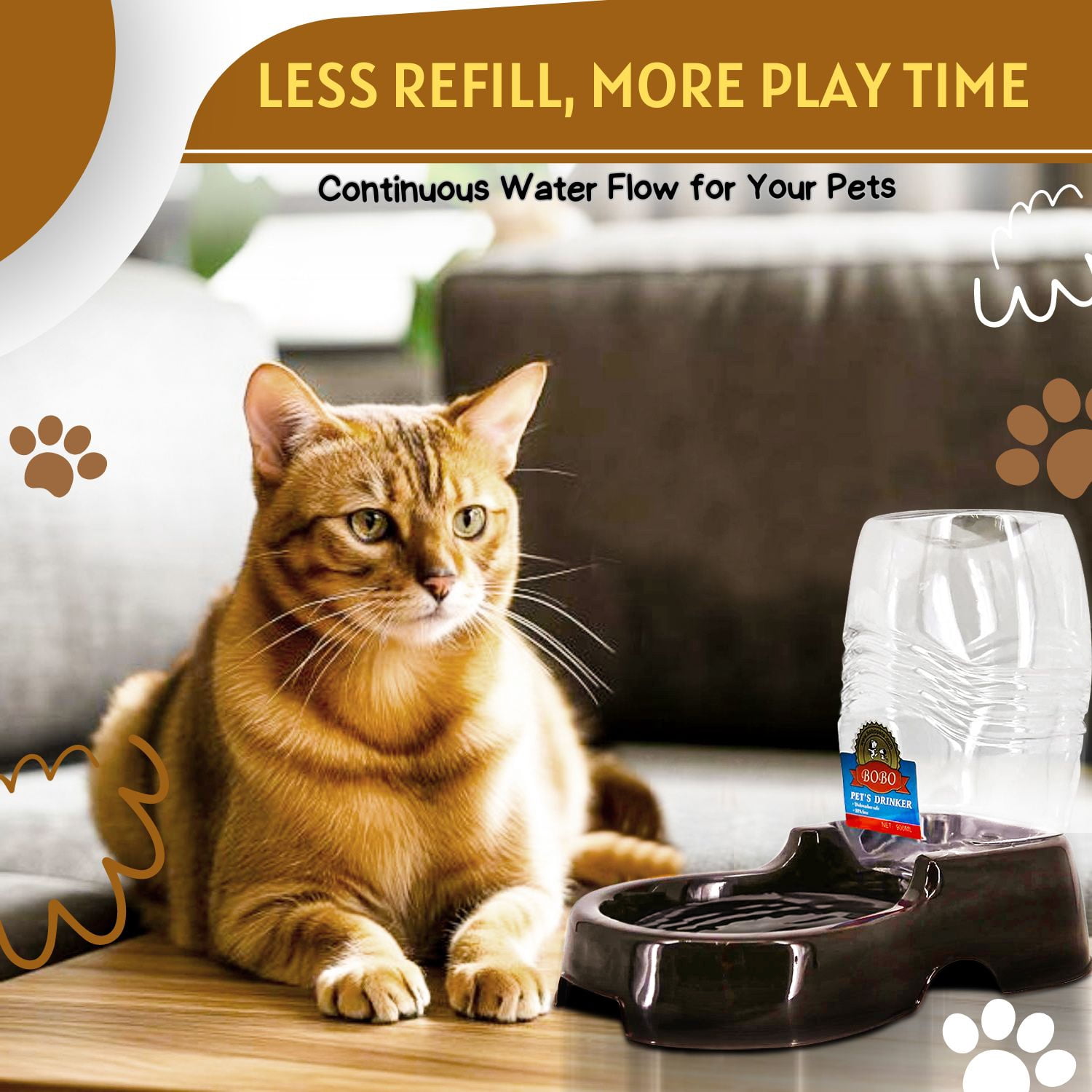 Automatic Gravity Pet Waterer for Cat & Dog - Non-Skid & Easy-Clean Auto Replenish Water Dispenser Drinking Bowl (3/8 Gallon / 1.5L), Black