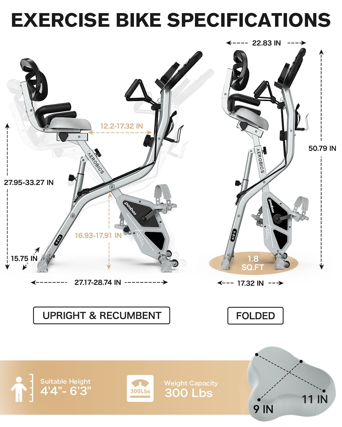 pooboo 4in1 Foldable Exercise Bike Indoor Cycling Bike Magnetic Stationary Bike Fitness Gym Workout 300lb