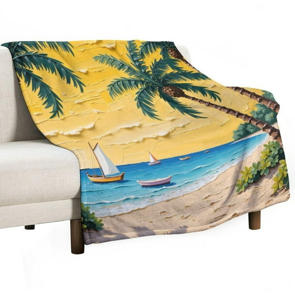 Hawaiian Beach Print Flannel Blanket Novelty Pattern Nap Blanket Sofa Room Office Soft Throw Blanket Outdoor Camping Warm Blanket