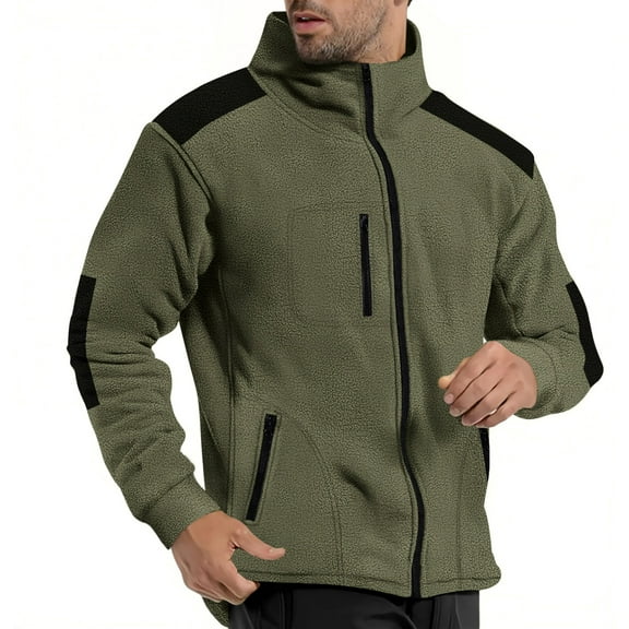 Fleece Jackets for Men with Zipper Pockets Coats Zip Up Mock Neck Sweatshirts Mens Casual Color Block Long Sleeve Thermal Warm Outerwear Jacket